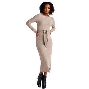 Splendid Ribbed Tie Waist Maxi Dress Women Medium Beige Long Sleeve Side Slit